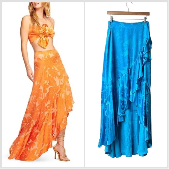 NWT Ramy Brook Blue Satin Elisa Floral Print Ruffled High Low Maxi Skirt Sz 6